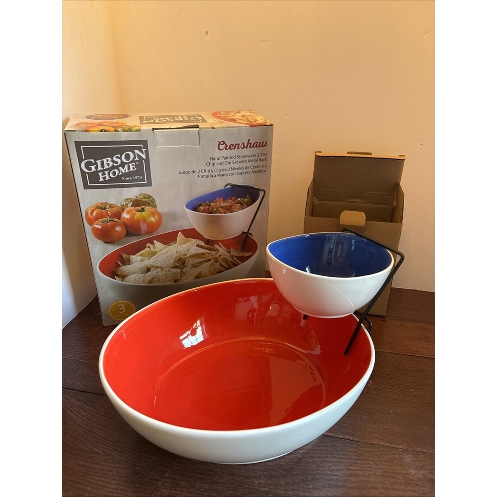 Gibson Home‎ Hand Painted Stoneware 2-Tier Chip And Dip Set Red White Blue